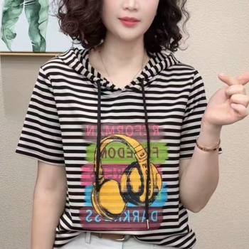 New casual style solid color hooded short-sleeved sweatshirt with letter pullover print, loose and versatile, slimming and age-reducing top for women