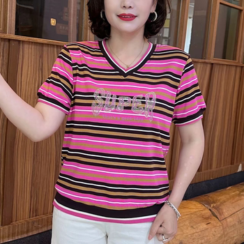 ເສື້ອເຊີດແຂນສັ້ນແບບຄໍ v ທີ່ມີສີສັນສົດໃສ, ມີຄວາມຫຼາກຫຼາຍ, ຫຼຸດນໍ້າໜັກ, ຫຼຸດອາຍຸ, ວ່າງ, ເສື້ອຢືດແບບຕາເວັນຕົກ, ເສື້ອຢືດລຸ່ມສຸດຂອງແມ່ຍິງ