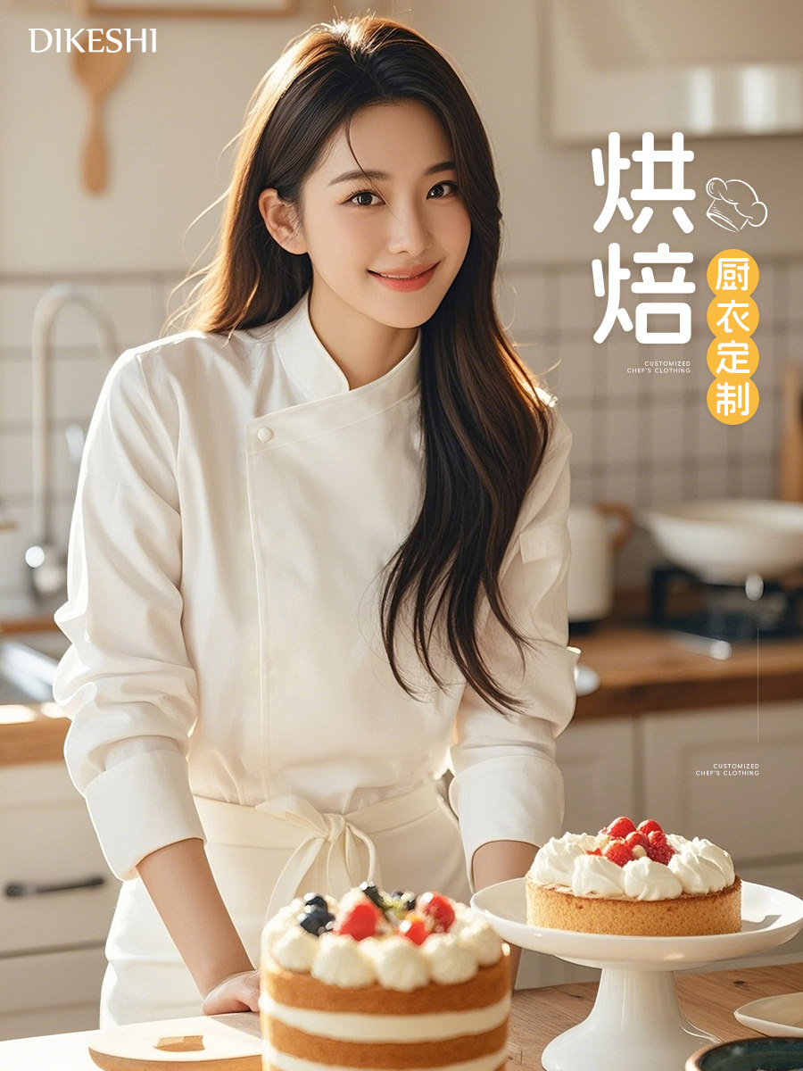 烘焙厨师工作服秋冬装长袖餐饮蛋糕店裱花师后厨房烹饪白色衣服女