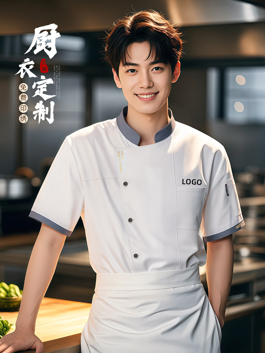 高档冰丝厨师工作服短袖餐饮酒店烘焙厨房防水防油厨师服长袖定制