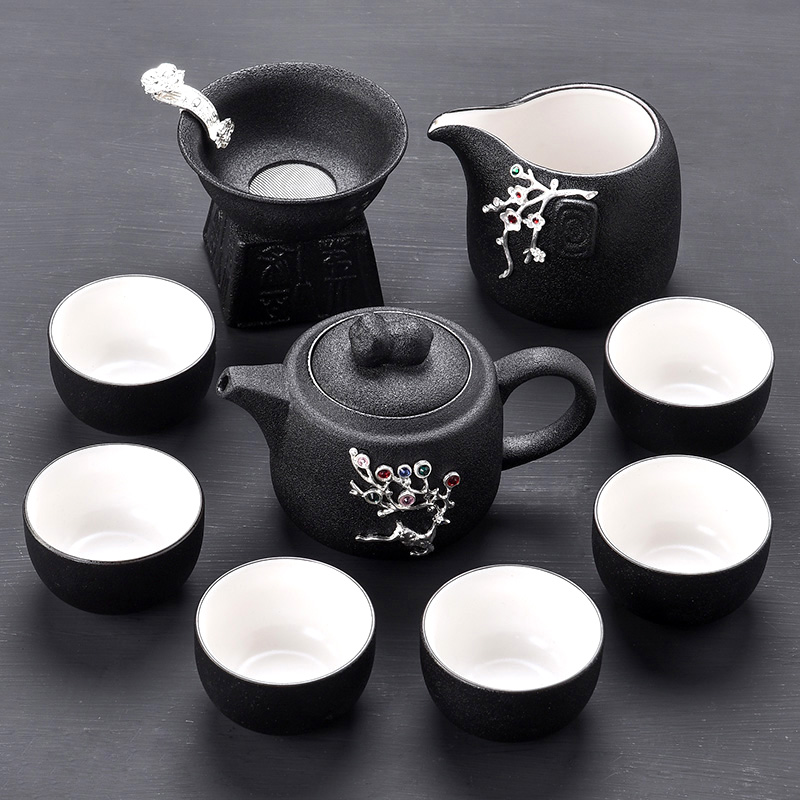 Tao blessing coppering. As the silver tea set of black suit household kunfu tea tea kettle black zen cup combination