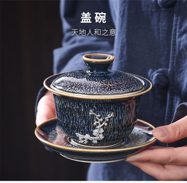 Tao blessing, jingdezhen blue drawing to build light tea set household with silver star light teapot teacup silver tea set