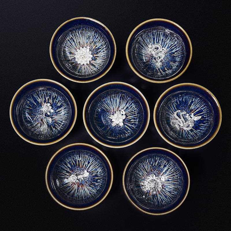 Tao blessing silver obsidian variable jingdezhen blue drawing cup home drawing star light masters cup Chinese zodiac