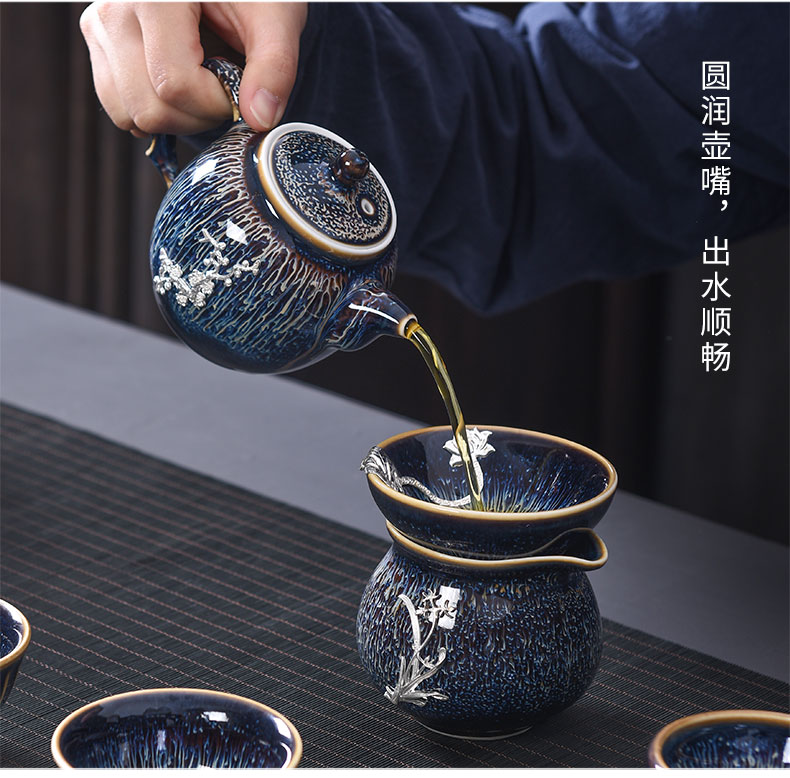 Tao blessing, jingdezhen blue drawing to build light tea set household with silver star light teapot teacup silver tea set