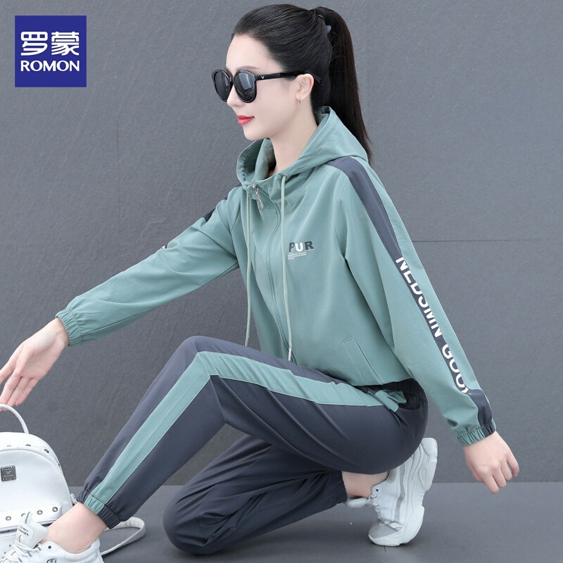 Romon Sportswear Suit for Women Spring and Autumn 2026 New Style Hooded Cardigan Sweatshirt Running Loose Casual Two-Piece Set Trendy