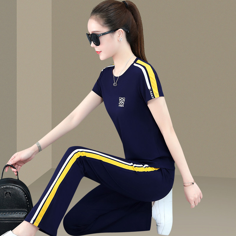 Sports Suit Women's Summer Fashion Temperament Round Neckline Ice Silk Short Sleeve Long Pants Loose Running Casual Wear two sets thin