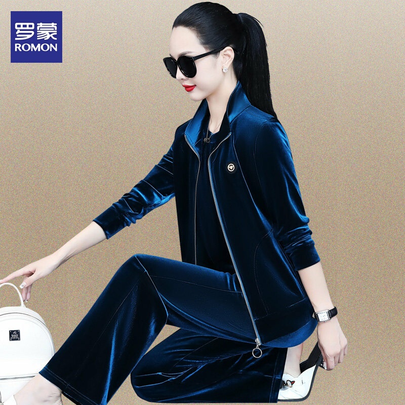 Romon Velvet Tracksuit for Women, Spring and Autumn 2026 New Style, Sweatshirt, Loose Wide-Leg Pants, Casual Three-Piece Set, Trendy
