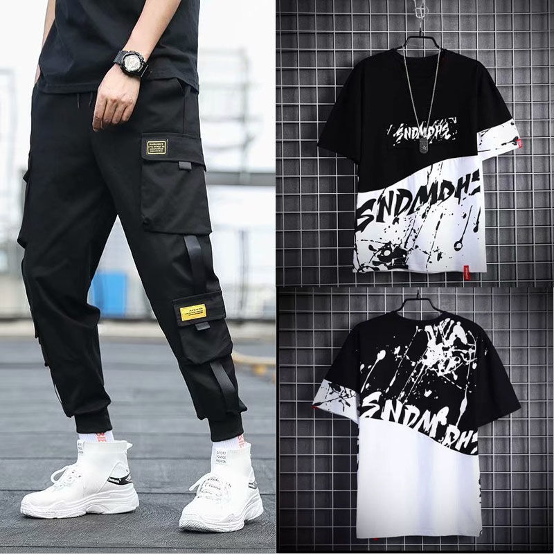 line-up bảo hộ lao động quần triều nam net lỏng lỏng hip-hop ngắn tay t-shirt một bộ đồ thời trang đẹp trai