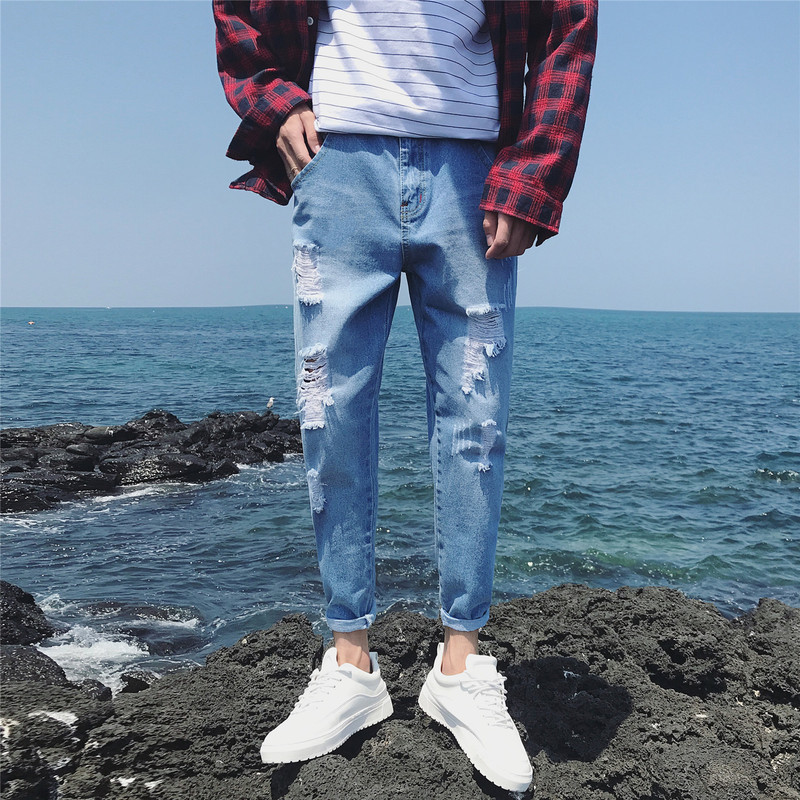 Breaking quần jean nam Hàn Quốc phiên bản của xu hướng xu hướng thương hiệu quần chín điểm loose-fitting quần mùa hè ăn xin quần slackpants.