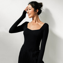  La Nikar sports top Womens long-sleeved spring and autumn tight skinny T-shirt low square tie chest pad Net red fitness clothes