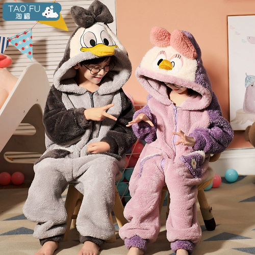 Детская демисезонная фланелевая бархатная коралловая мультяшная пижама для мальчиков с капюшоном, увеличенная толщина