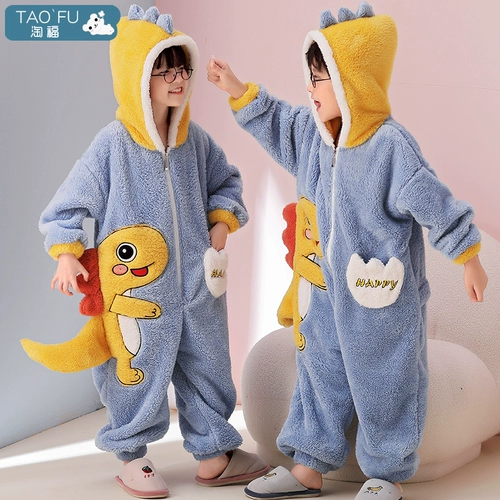 Детская демисезонная фланелевая бархатная коралловая мультяшная пижама для мальчиков с капюшоном, увеличенная толщина