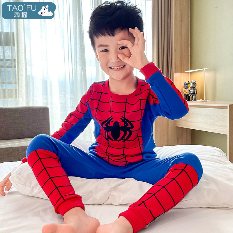 Boys' Pajamas Spring and Autumn Style Pure Cotton Spider Boy Thermal Underwear Set Children's Warm Base Layer Home Wear Set Boys' Pajamas Spring and Autumn Style Pure Cotton Spider Boy Thermal Underwear Set Children's Warm Base Layer Home Wear Set
