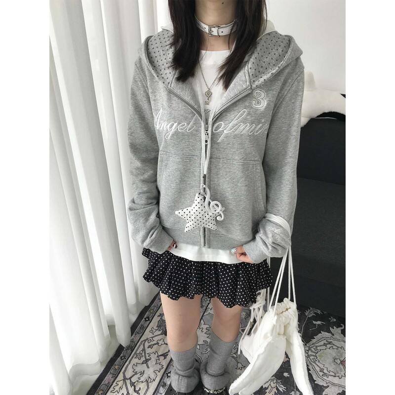 American Retro Gray Hooded Cardigan Sweatshirt Jacket for Women Spring and Autum New Style Letter Embroidered Zipper Short Top