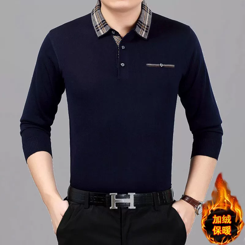 Men's demi-season long-sleeve, knitted polo, for middle age, loose fit