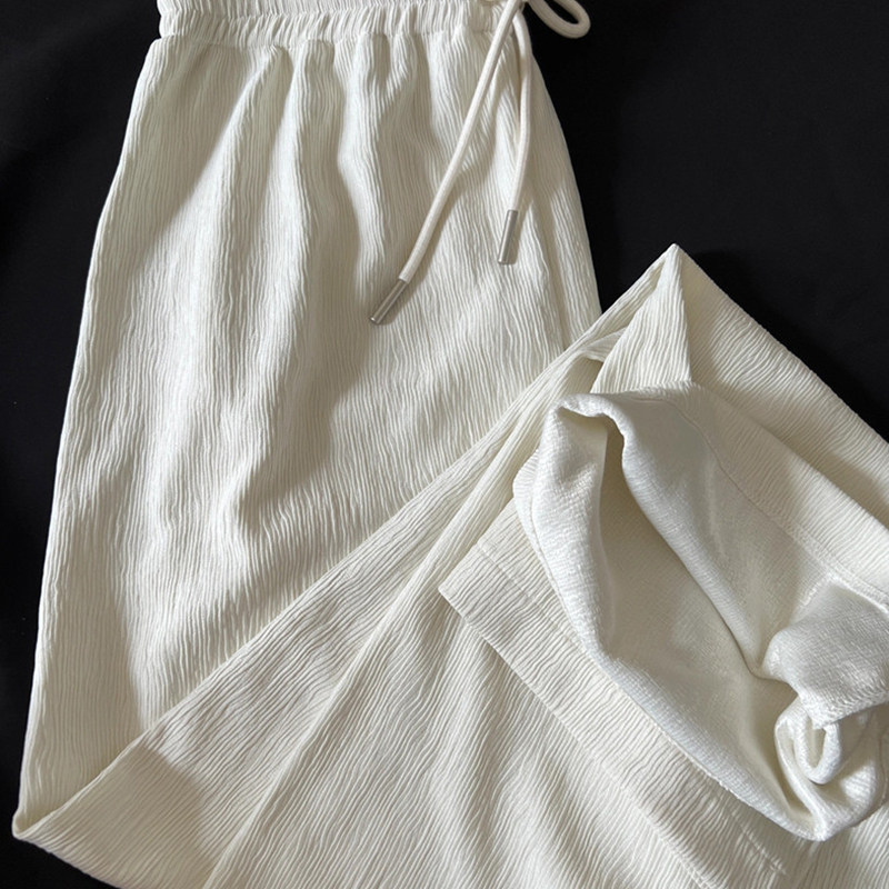 Design Sensation Small Crowdfold Broadlegged Pants Woman Spring Summer White Pituitary High Sense Pressure Creamy High Waist Muscular Sense Pants