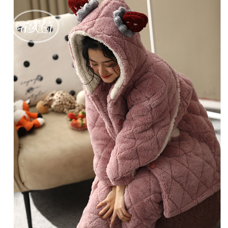 2022 new three-layer thickened coral fleece pajamas women's autumn and winter flannel homewear suit winter