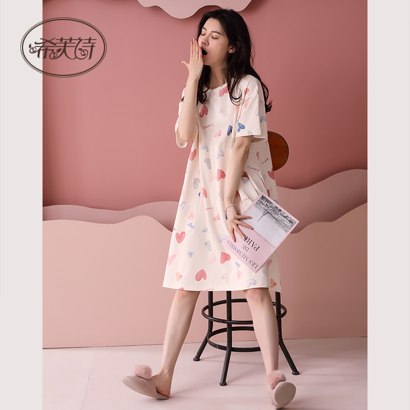 2022 New Summer Pure Cotton Sexy Spring Autumn Female Short Sleeve Loose Sleeping Skirt Thin family clothes girl foreign dress