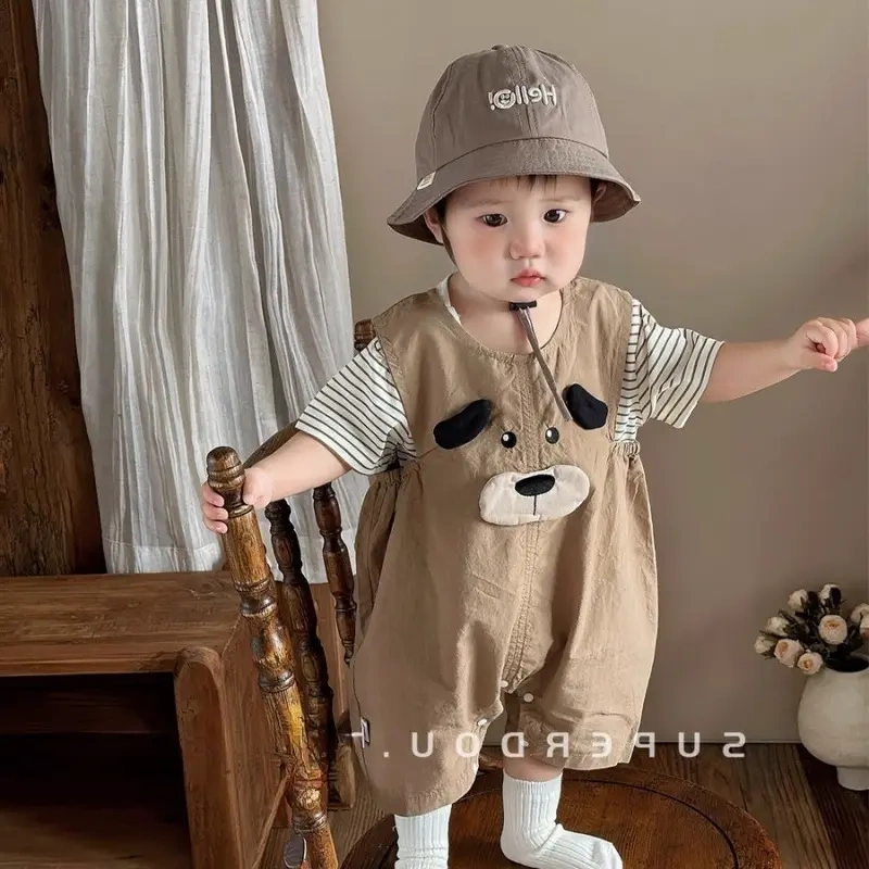 Baby Overalls Shorts Set for Boys and Girls, Summer Casual Cute Puppy Jumpsuit, Striped T-Shirt Two-Piece Set