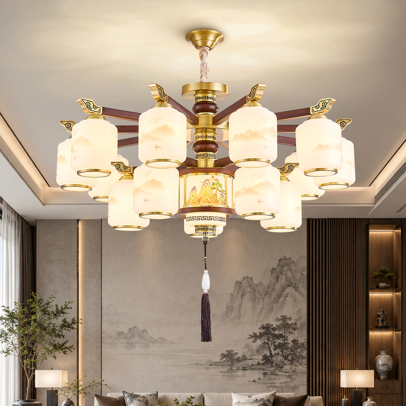 Modern Chinese-Style All-Copper Living Room Chandelier, Villa Lobby Main Light, Chinese-Style Elegant Solid Wood Dining Room and Bedroom Lighting Fixtures