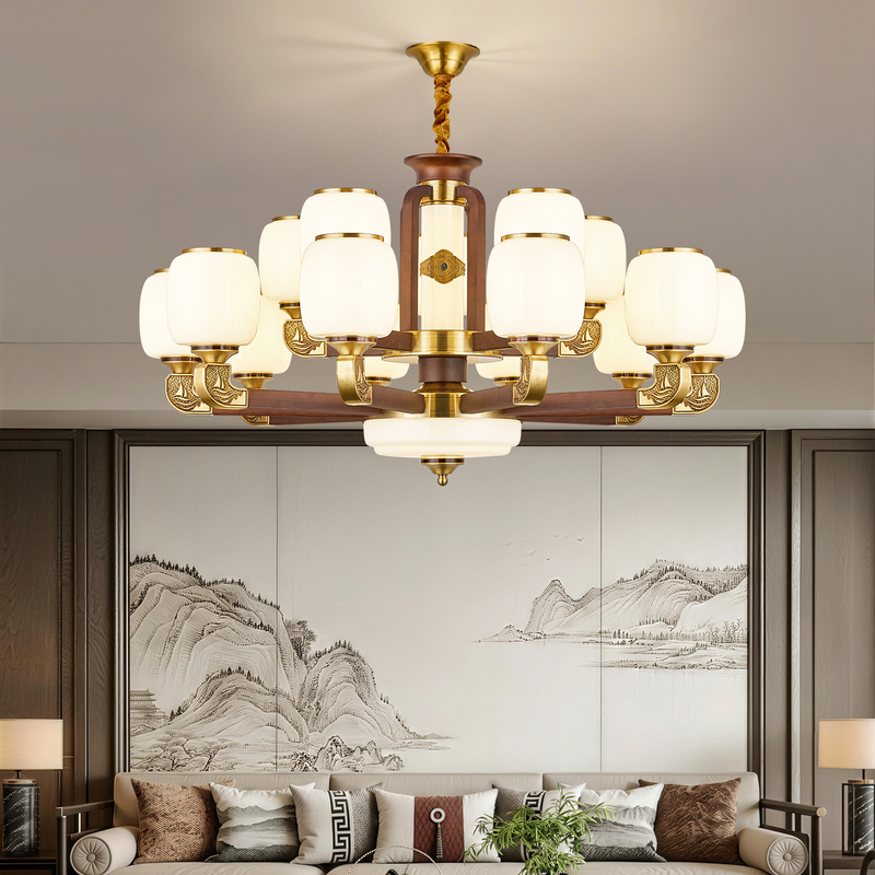 New Chinese-Style All-Copper Living Room Chandelier with Solid Wood, Chinese-Style Elegant Modern Lighting for Duplex Villas and High-Ceilinged Halls New Chinese-Style All-Copper Living Room Chandelier with Solid Wood, Chinese-Style Elegant Modern Lighting for Duplex Villas and High-Ceilinged Halls