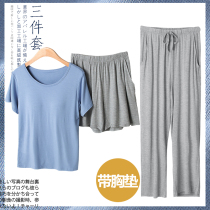 2021 New Pajamas Women Summer Thin Modal Short Sleeve Shorts Pants Three Piece Large Size Home Clothes Set