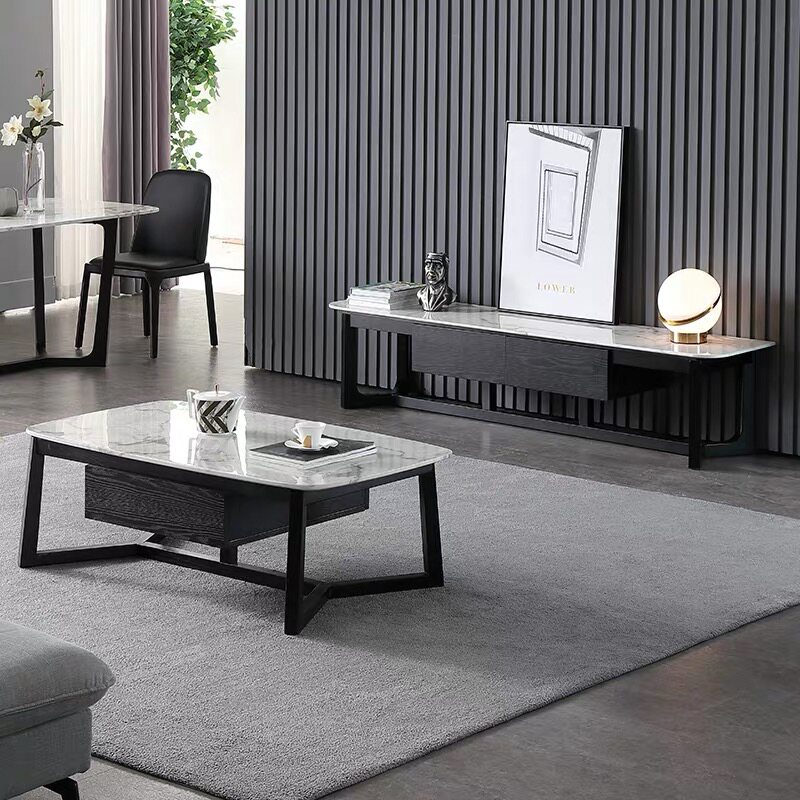 Nordic all solid wood marble coffee table TV cabinet combination simple modern rectangular living room home small apartment