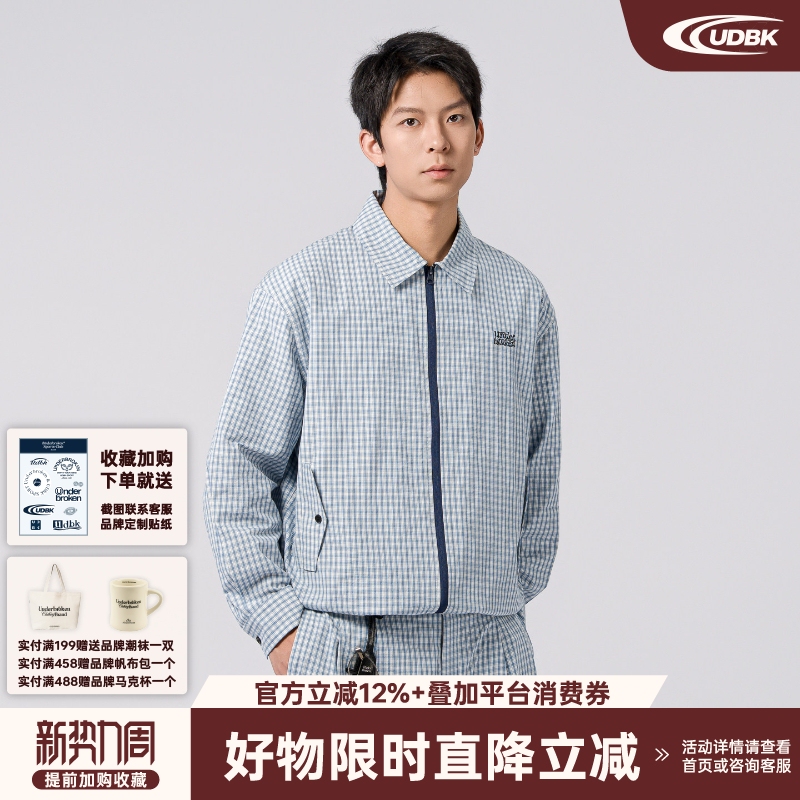 Underbroken (Udbk) Retro Lightweight Plaid Shirt Casual Plaid Zipper Harrington Jacket Trendy