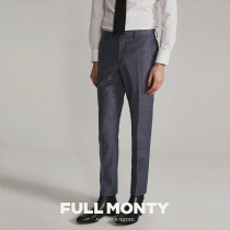 FULL MONTY men business dress pants blue shark skin casual slim straight wool suit pants