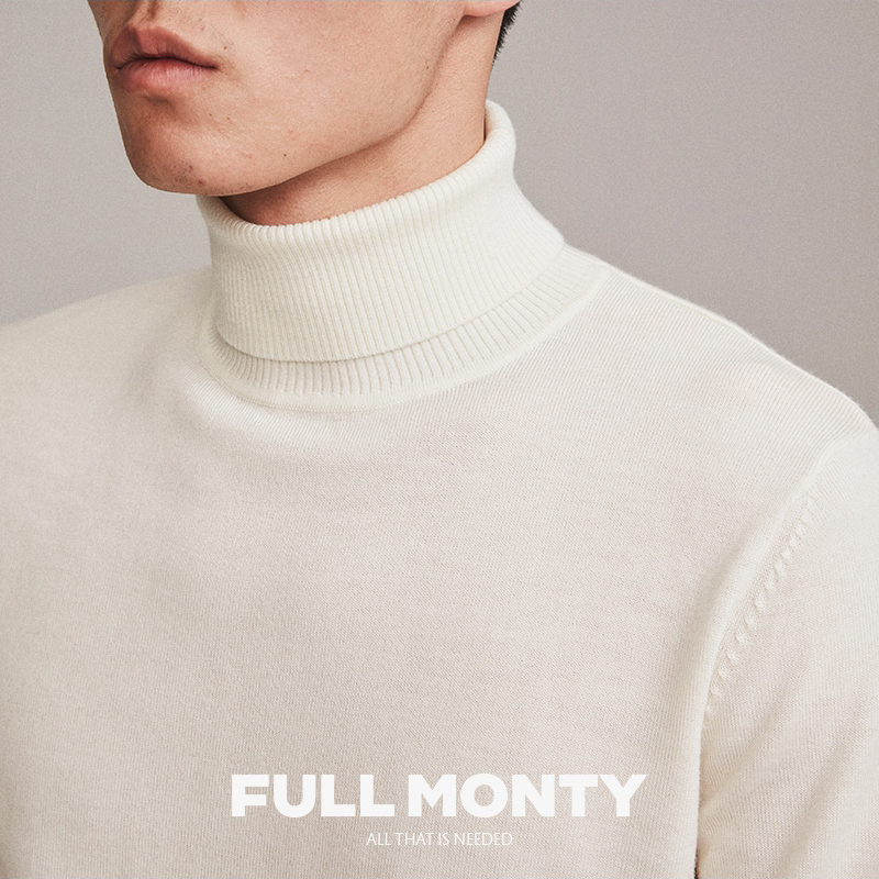 Full Monty Men's Turtleneck Wool Sweater White Pullover Plain Knit Inner Sweater Autumn and Winter Round Neck Base Shirt