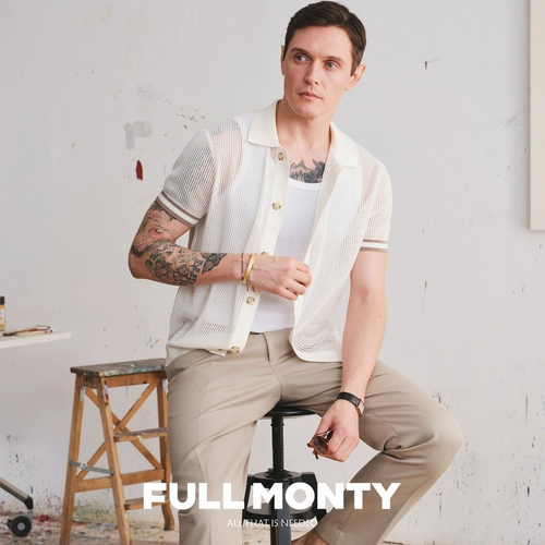 FULL MONTY Хлопковый белый трикотажный ретро кардиган для отдыха, короткий рукав