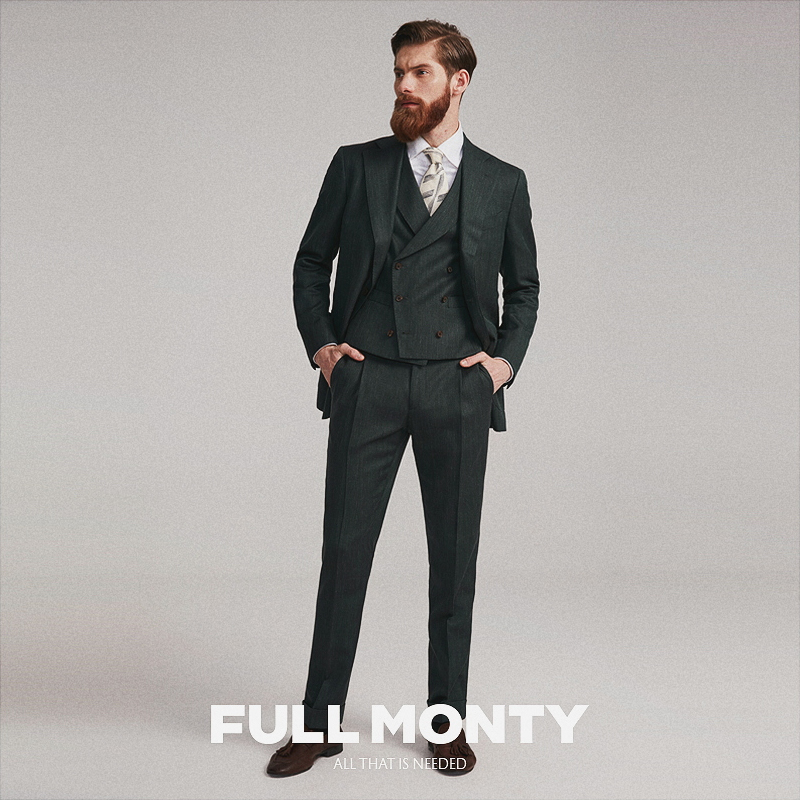 Full Monty mực nhân vật màu xanh lá cây lanh phù hợp với phù hợp với kinh doanh căn hộ xà lan cổ áo lụa tơ tằm của nam giới thiết lập Tây