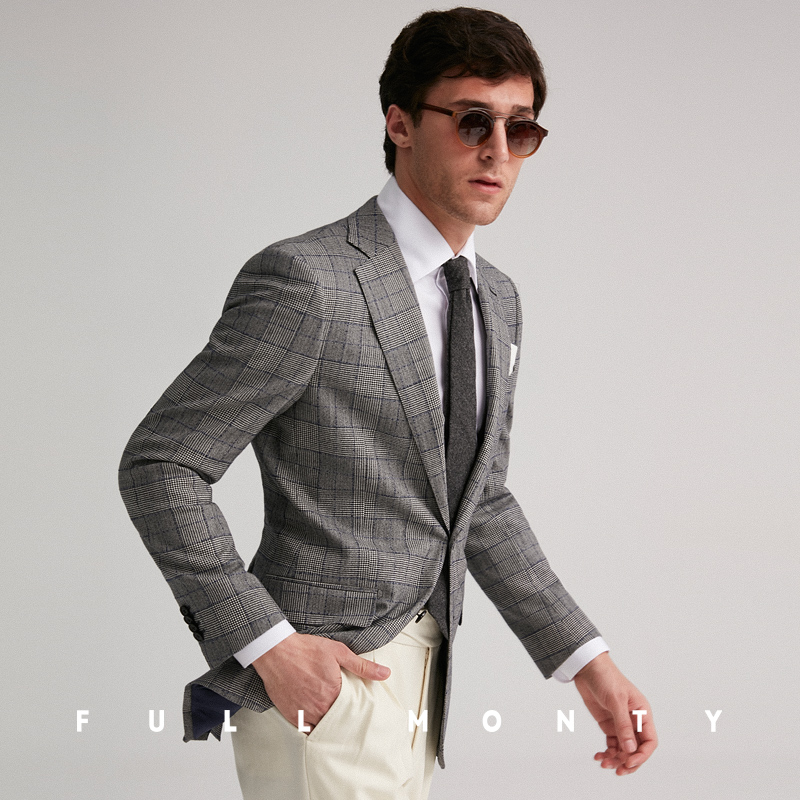 Full Monty Grey Hoàng tử sọc ca rô Blue Line Độc Tây Men phẳng cắt đúp Fork làm việc Suit Lên trên