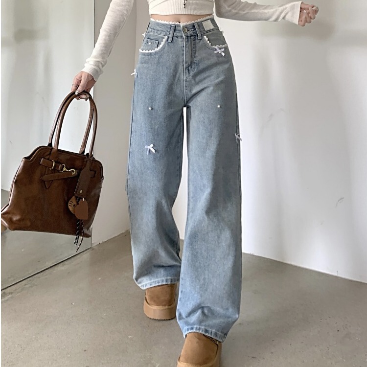 American Retro Lace Bow Design Jeans, New Spring Style, Loose Fit, Slimming Straight-Leg Floor-Length Wide-Leg Pants