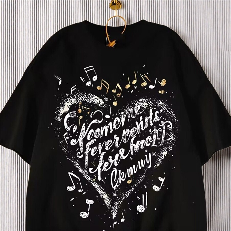 Trendy Brand Music Note Print Heavyweight Pure Cotton Short-Sleeve T-Shirt for Men and Women, Summer ins New Design, Niche Loose Half-Sleeve