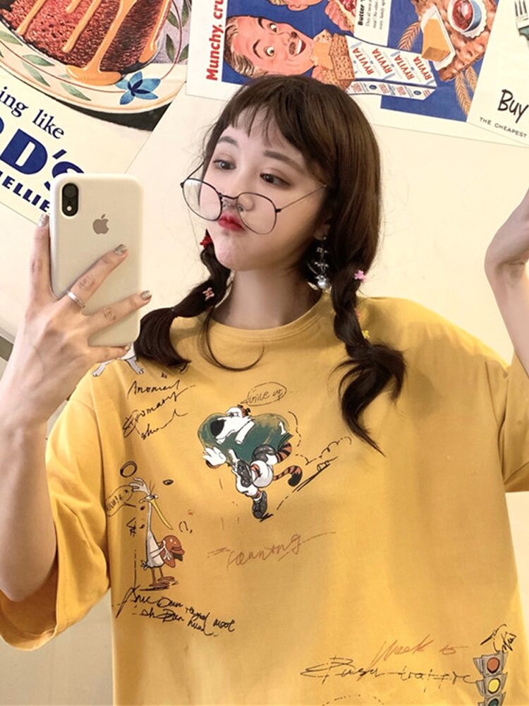 Yellow short sleeve t-shirt woman loose pure cotton 100 lap 2020 Summer new cartoon T-shirt with half sleeves Chains