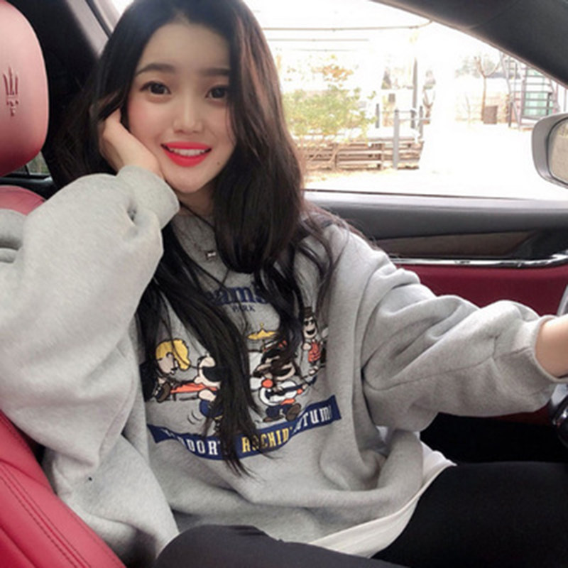 Grey thick cotton T female round collar 2021 new loose Korean version ins Lazy Little Subspring Autumn Slim 100 lap blouses