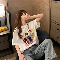 chic dinosaur letter printed short sleeve T-shirt woman 2022 new summer Korean version loose white undershirt blouse