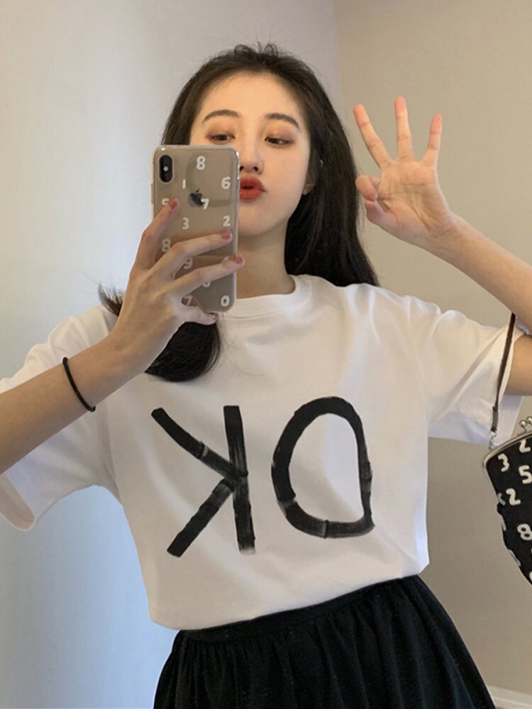 Net red OK letter white T-shirt female summer short-sleeved loose all-match Hong Kong style T-shirt ins Chaoyang style super hot top
