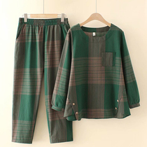 Elderly autumn dress female fat increase mother casual cotton plaid two-piece set fat mother foreign style suit age reduction