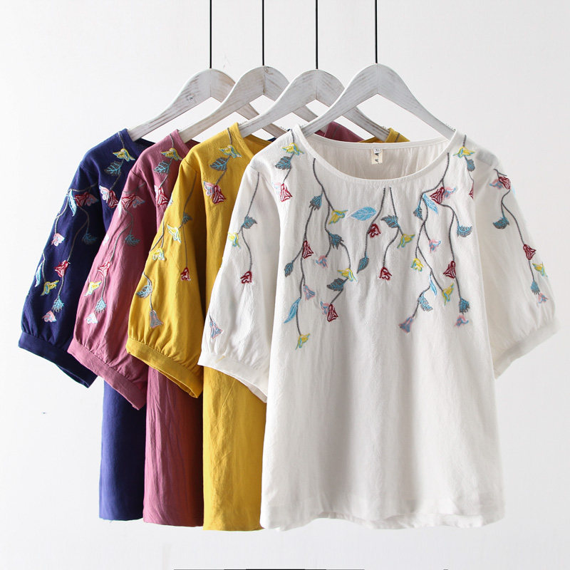 Middle aged cotton linen women's clothing fattening up women's loose T-shirt middle-aged fat moms summer clothing cover short sleeves