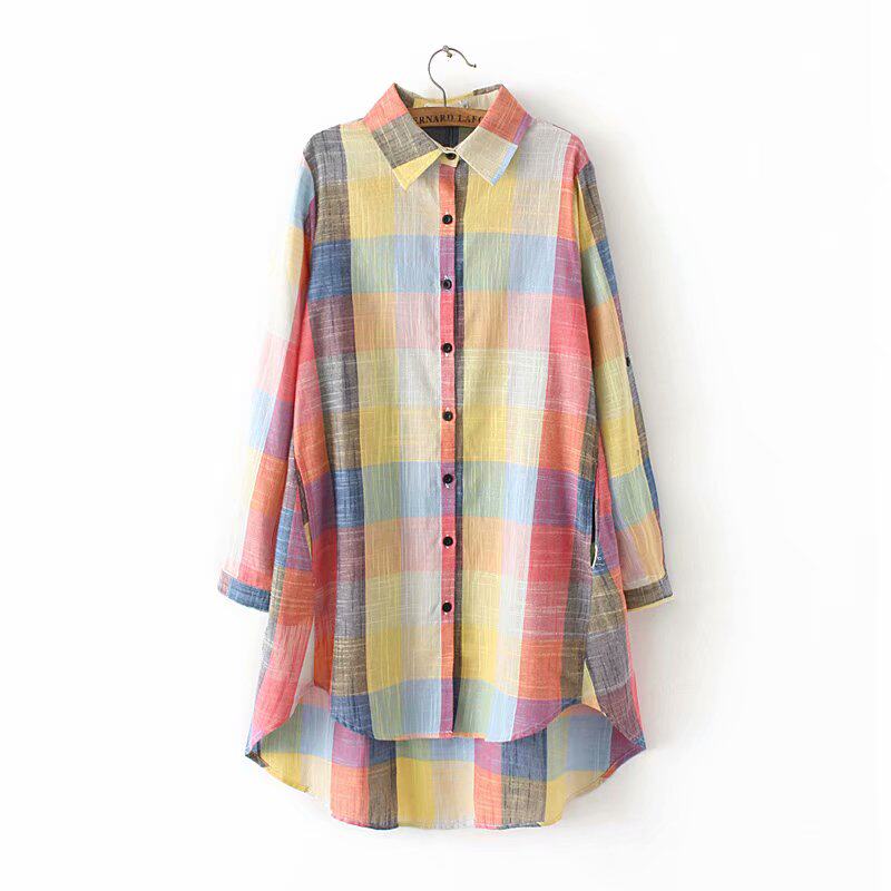 Mid-Aged Women Dress Large Size Size Fat Mom Autumn Clothing Cotton Linen Plaid Shirt Woman Mid-Year Mother Foreign Pie Cotton Shirt Spring Autumn