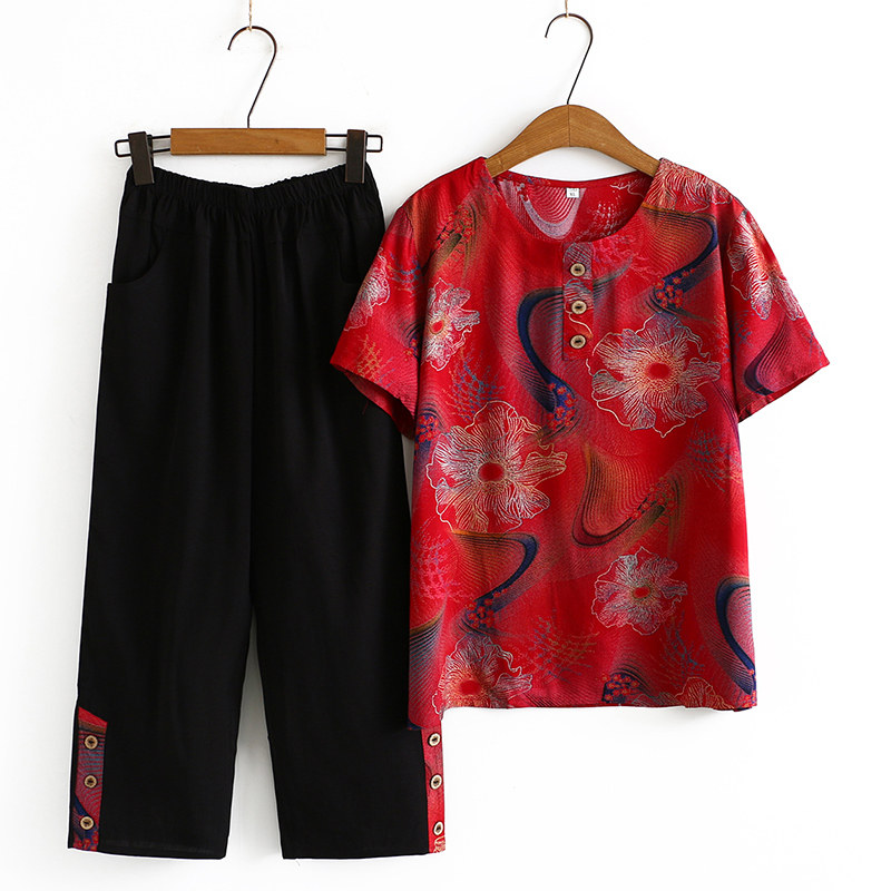 Large size Mom loaded with summer clothing suit slim fit short sleeve T-shirt female grandma loose foreign blouse cotton silk old clothes