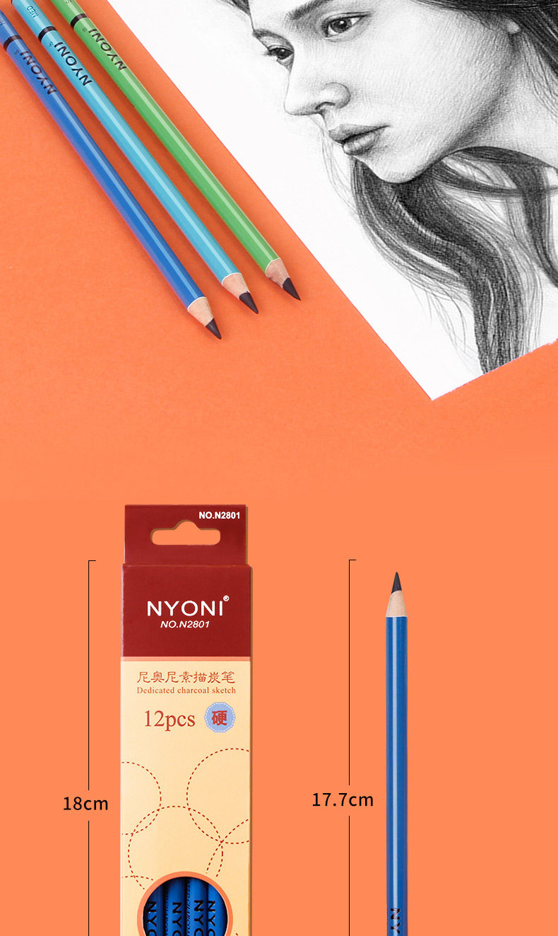 Древесный уголь nyoni尼奥尼炭笔美术生专用素描工具套装学生素描笔绘画炭笔软碳笔铅笔碳铅特软软中硬速写笔炭笔绘画联考