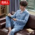 Mens đồ ngủ cotton dài tay mùa xuân và mùa thu cha ở tuổi trung niên làm tăng kích thước của mùa thu cardigan bộ lỏng lẻo bông cotton mỏng. 