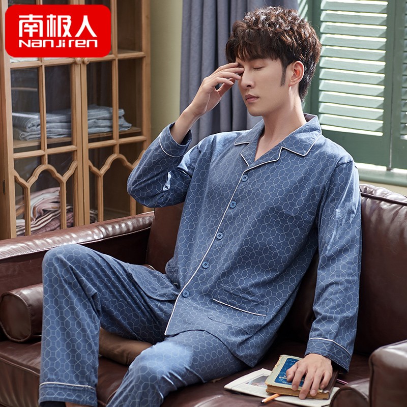 Mens đồ ngủ cotton dài tay mùa xuân và mùa thu cha ở tuổi trung niên làm tăng kích thước của mùa thu cardigan bộ lỏng lẻo bông cotton mỏng.