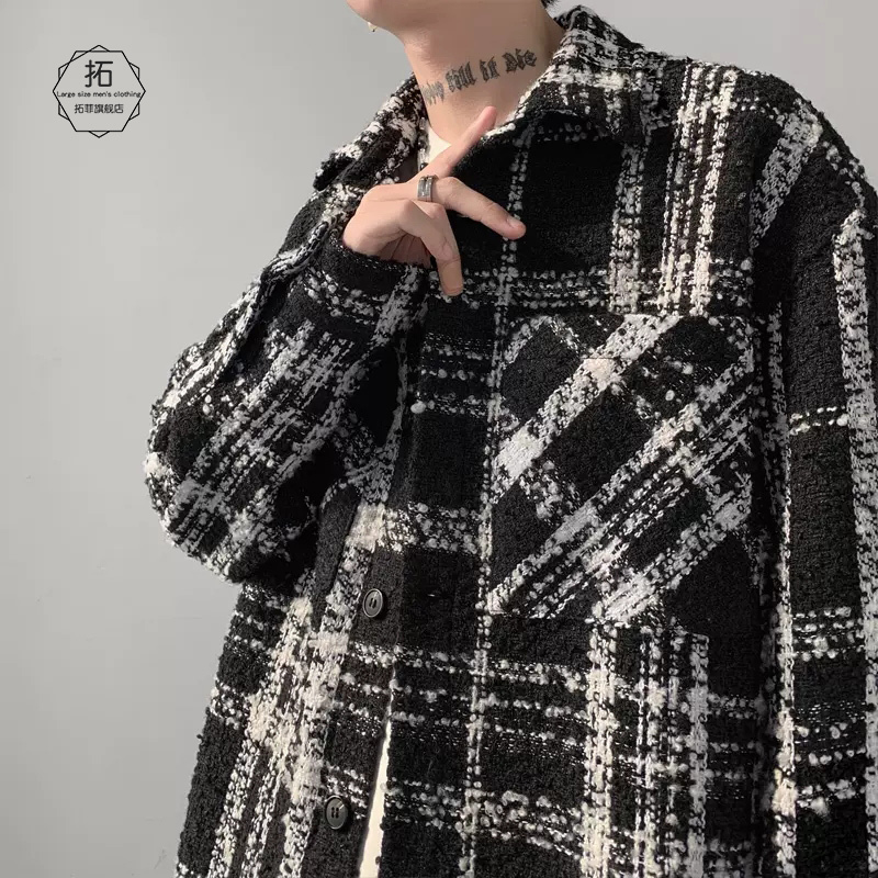 Houndstooth Tweed Jacket for Men, Spring and Autumn, Oversized, High-End, Light Luxury, Tweed Shirt Jacket, Trendy Brand Houndstooth Tweed Jacket for Men, Spring and Autumn, Oversized, High-End, Light Luxury, Tweed Shirt Jacket, Trendy Brand