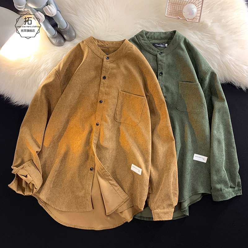 Retro Corduroy Collarless Shirt for Men, Japanese Style Cityboy Long-Sleeved Shirt, Trendy Spring and Autum Large Size Loose Jacket