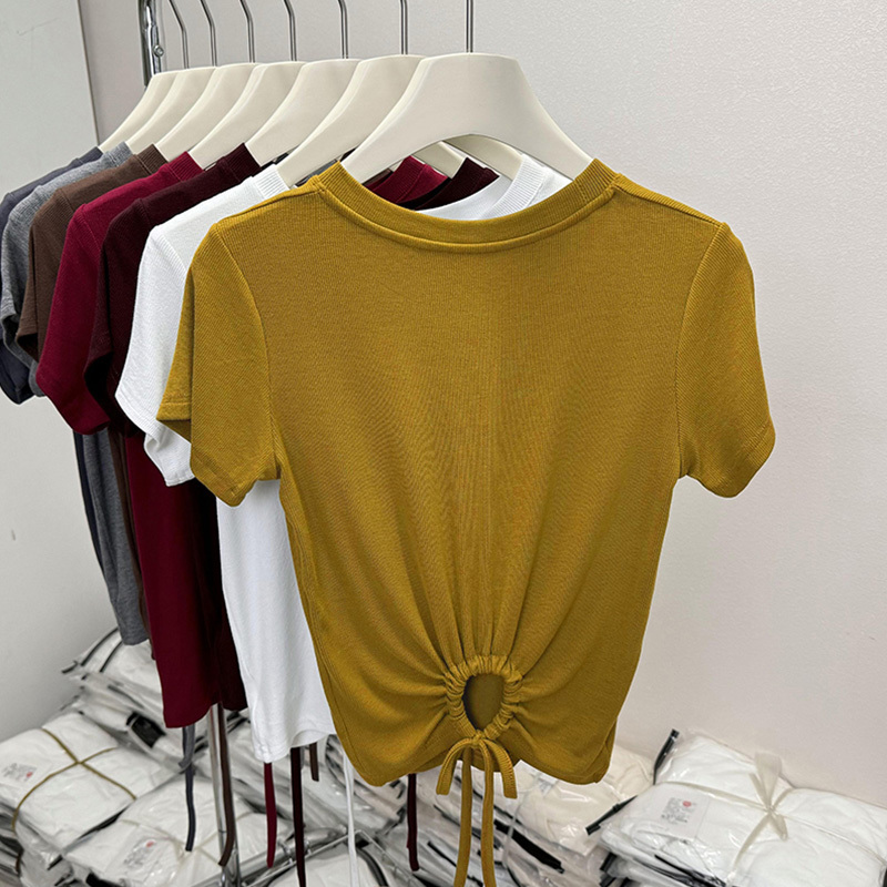 Round Neck Stylish Hollow-Out Drawstring Short-Sleeve T-Shirt for Women, New Summer Style, Sexy Back-Tie Slim-Fit Crop Top Round Neck Stylish Hollow-Out Drawstring Short-Sleeve T-Shirt for Women, New Summer Style, Sexy Back-Tie Slim-Fit Crop Top