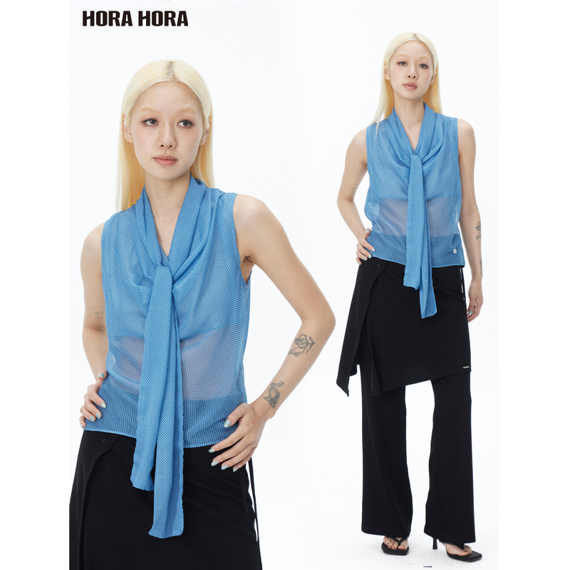 Horahora Retro Sheer Draped Collar Tie Silk Scarf Collar Chiffon Blue Polka Dot Sleeveless Shirt